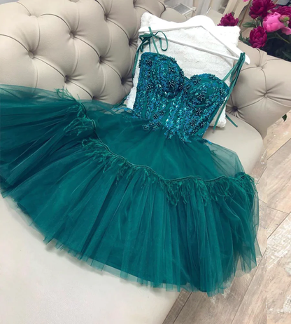 Cute green beaded tulle homecoming dresses ties straps mini prom evening dresses gh1661