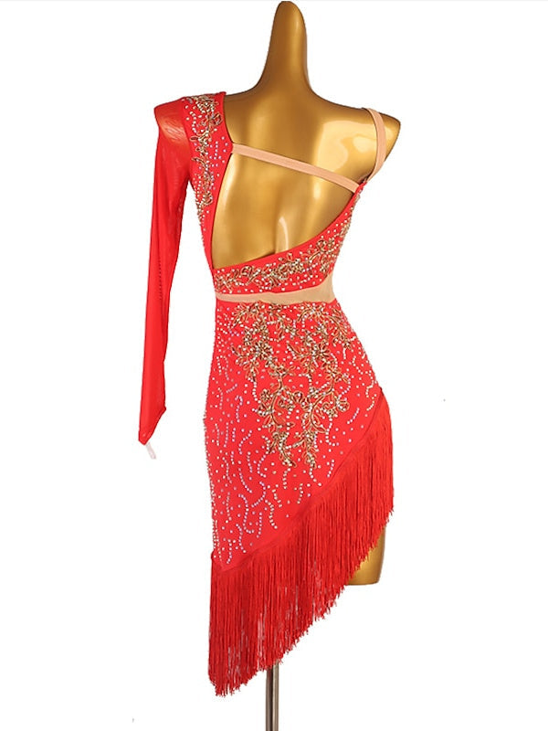 Latin Dance Dress Fringed Tassel Split Joint Crystals/Rhinestones Women‘s Performance Training Long Sleeve