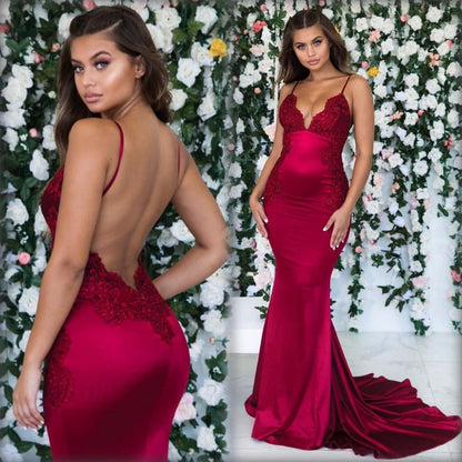 Burgundy Mermaid Lace Prom Dress Long PD010