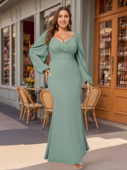 Sheath/Column Deep V-Neck Long Sleeves Floor-Length Unique Plus Size Bridesmaid Dresses with Ruffles