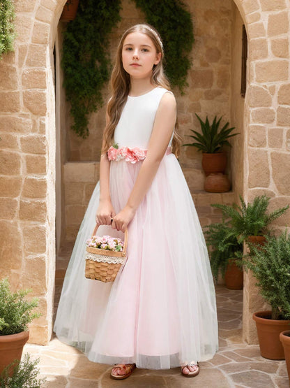 A-line 3D Flower Satin Tulle Ankle-length  Flower Girl Dress