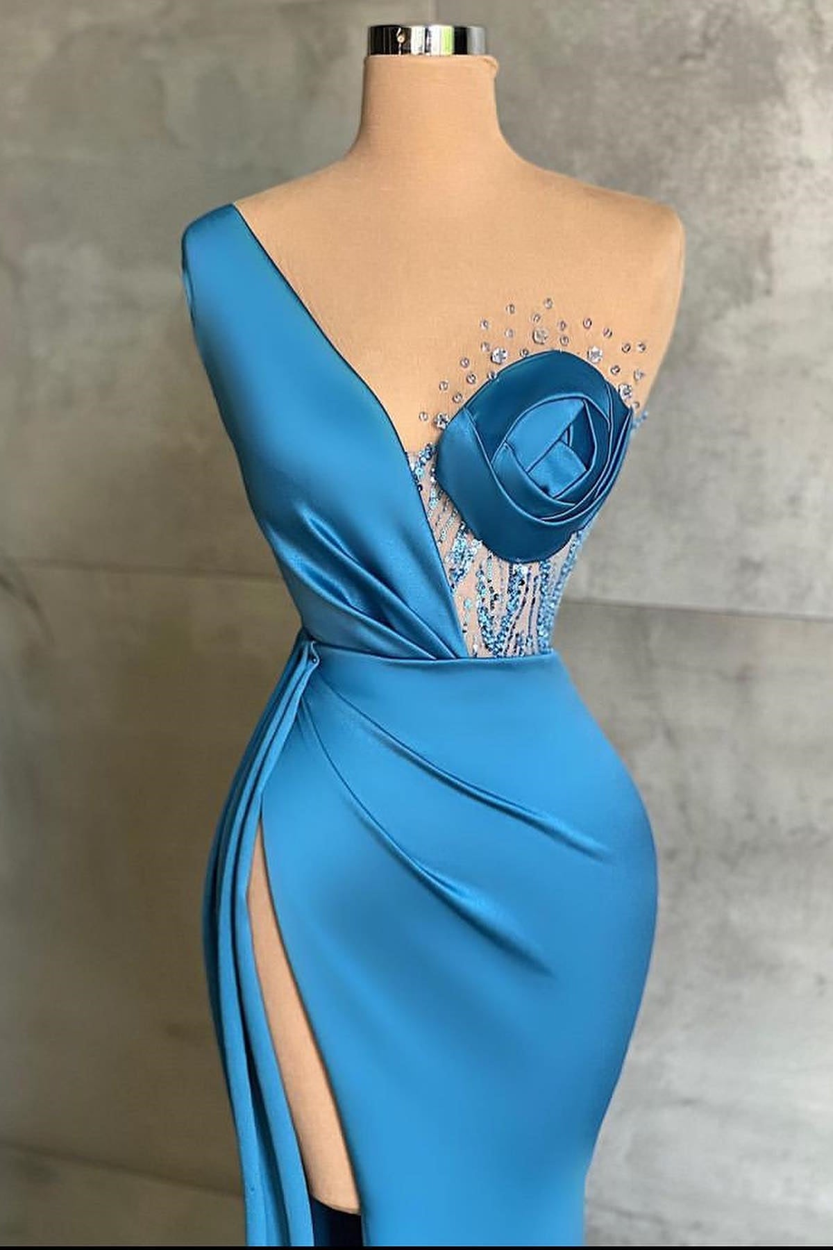 Glamorous Ocean Blue One Shoulder Mermaid Prom Dress With Slit ED0428