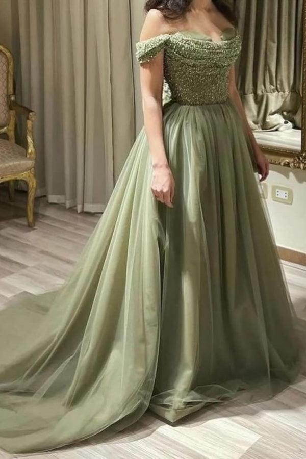 Sequins Green Off-The-Shoulder Tulle Long Prom Dress ZT0497