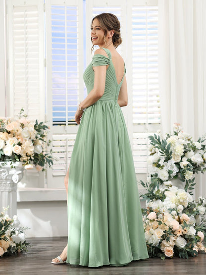 A-Line/Princess V-Neck Floor-Length Chiffon Bridesmaid Dresses with Split Side & Ruched