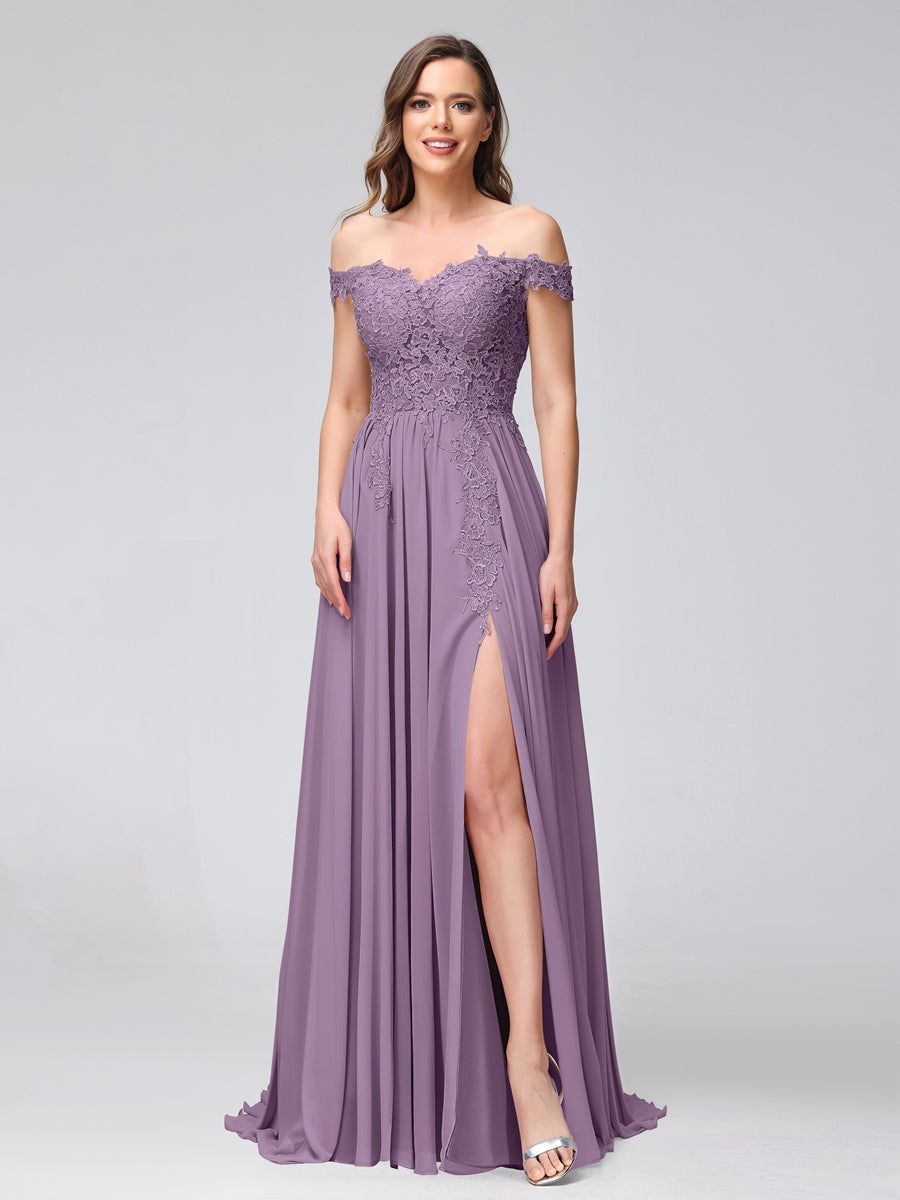 A-Line/Princess Off-the-Shoulder Sleeveless Long Bridesmaid Dresses with Side Slit & Appliqued