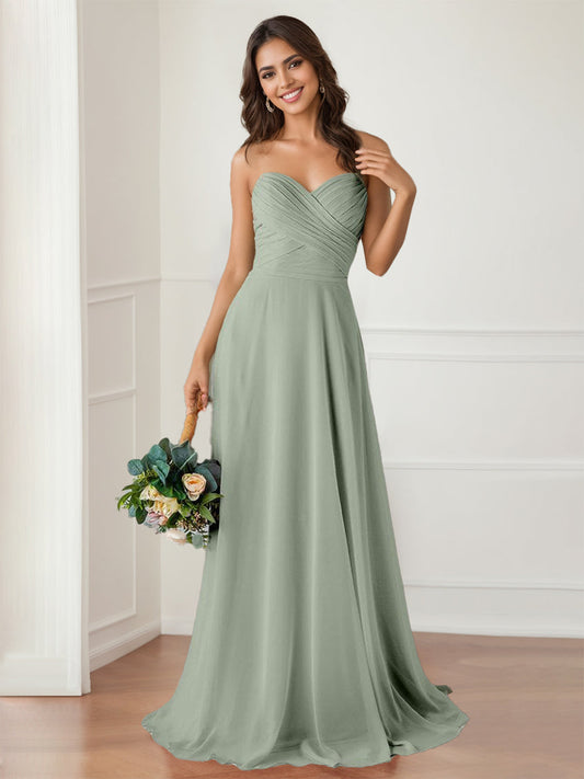 A Line/Princess Strapless Sweetheart Neck Sleeveless Floor-Length Bridesmaid Dresses with Ruffles