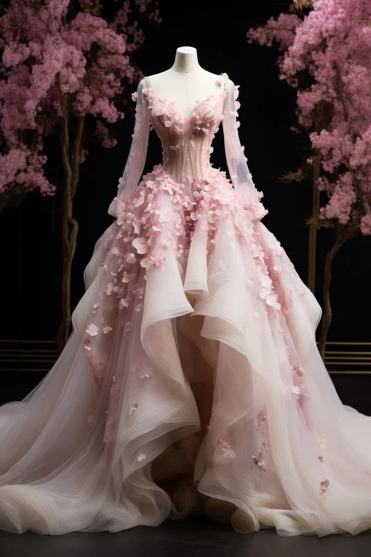 Pink Gorgeous Exquisite Floral A-line Long Tulle Long Sleeve Ball Gown Prom Dress Evening Dress Wedding Dress gh3273