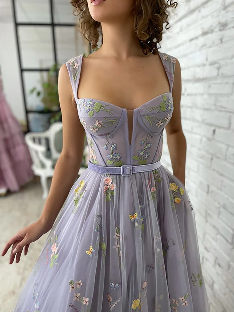 Lilac Embroidery Flowers Tulle Prom Dress, Sweetheart Straps Tea-Length Tulle Ball Gown Wedding Dress, Fairy Prom Dress gh1820