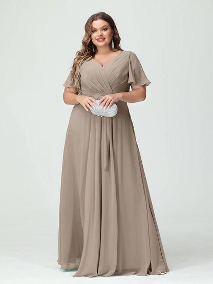 A-Line/Princess V-Neck Short Sleeves Plus Size Bridesmaid Dresses with Pockets Belt & Split Side