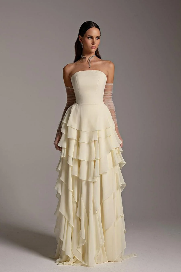 Chiffon Strapless Ruffles Elegant Prom Dress With Tulle Gloves ZT0612