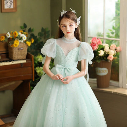 Ball Gown Short Sleeves Floor Length Flower Girl Party Dress with Rhinestone & Bow