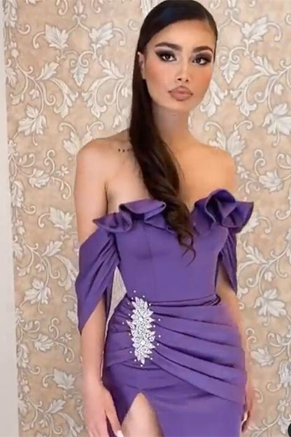 Off-the-Shoulder Purple Prom Dress Split PD0535