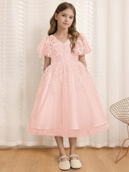 A-Line/Princess V-Neck Short Sleeves Tea-Length Flower Girl Dress with Lace