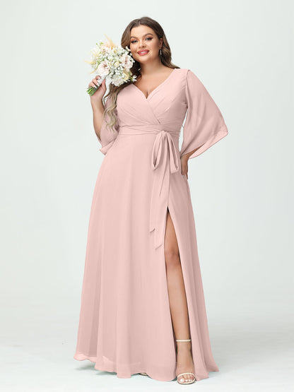 A-Line/Princess/Princess V-Neck Long Sleeves Chiffon Plus Size Bridesmaid Dresses With Pockets Belt & Split Side