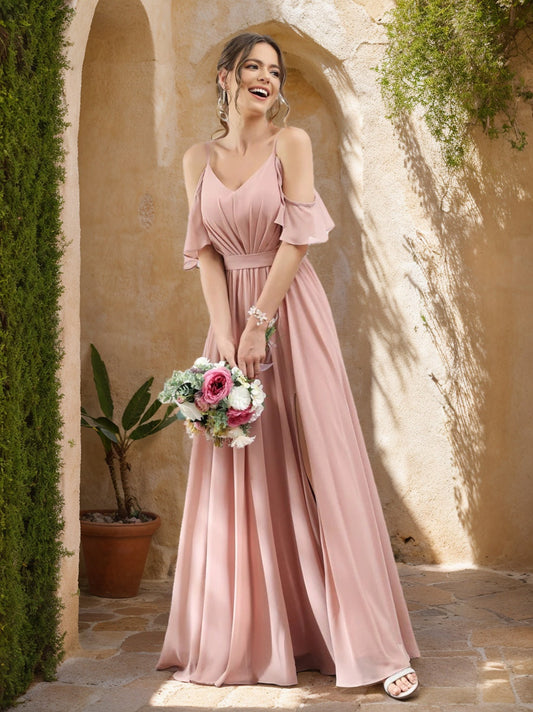 A-Line/Princess Spaghetti Straps Floor-Length Chiffon Bridesmaid Dresses with Split Side & Ruched