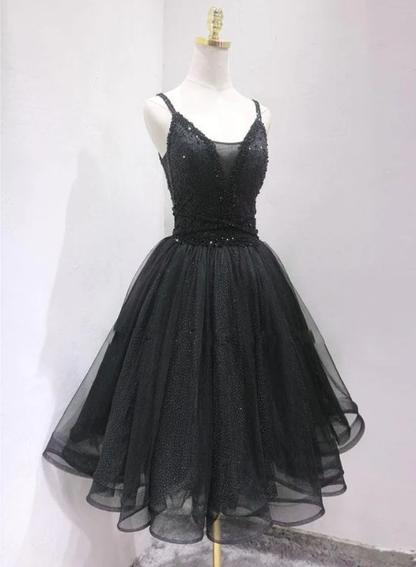 Black Tulle And Beaded Knee Length Straps Homecoming Dress, Black Short Prom Dresses  gh75