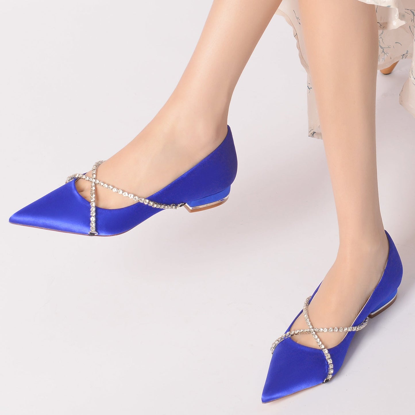 Women's Wedding Shoes Crossed Crystal Chain Low Pointed Toe Bridal Shoes