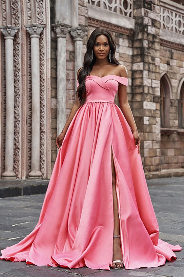 Pink Off-the-Shoulder Long Prom Dress With Split PD0144