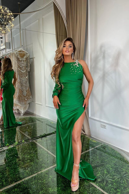 Green Satin With Slit Prom Dress One Shoulder One Sleeve Rhinstone Applikation YL0238