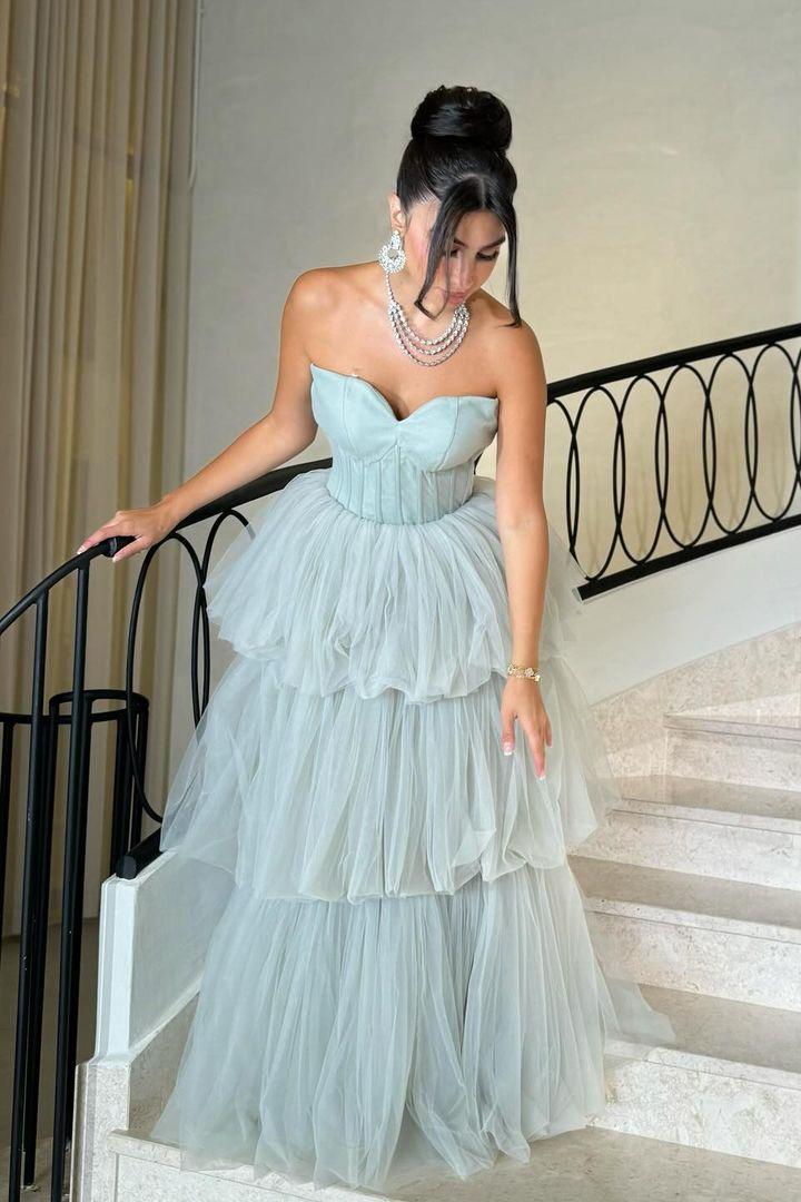 edgynewlook Chic Light Blue Tulle  Sleeveless Strapless Sweetheart Long Prom Dress with Ruffles