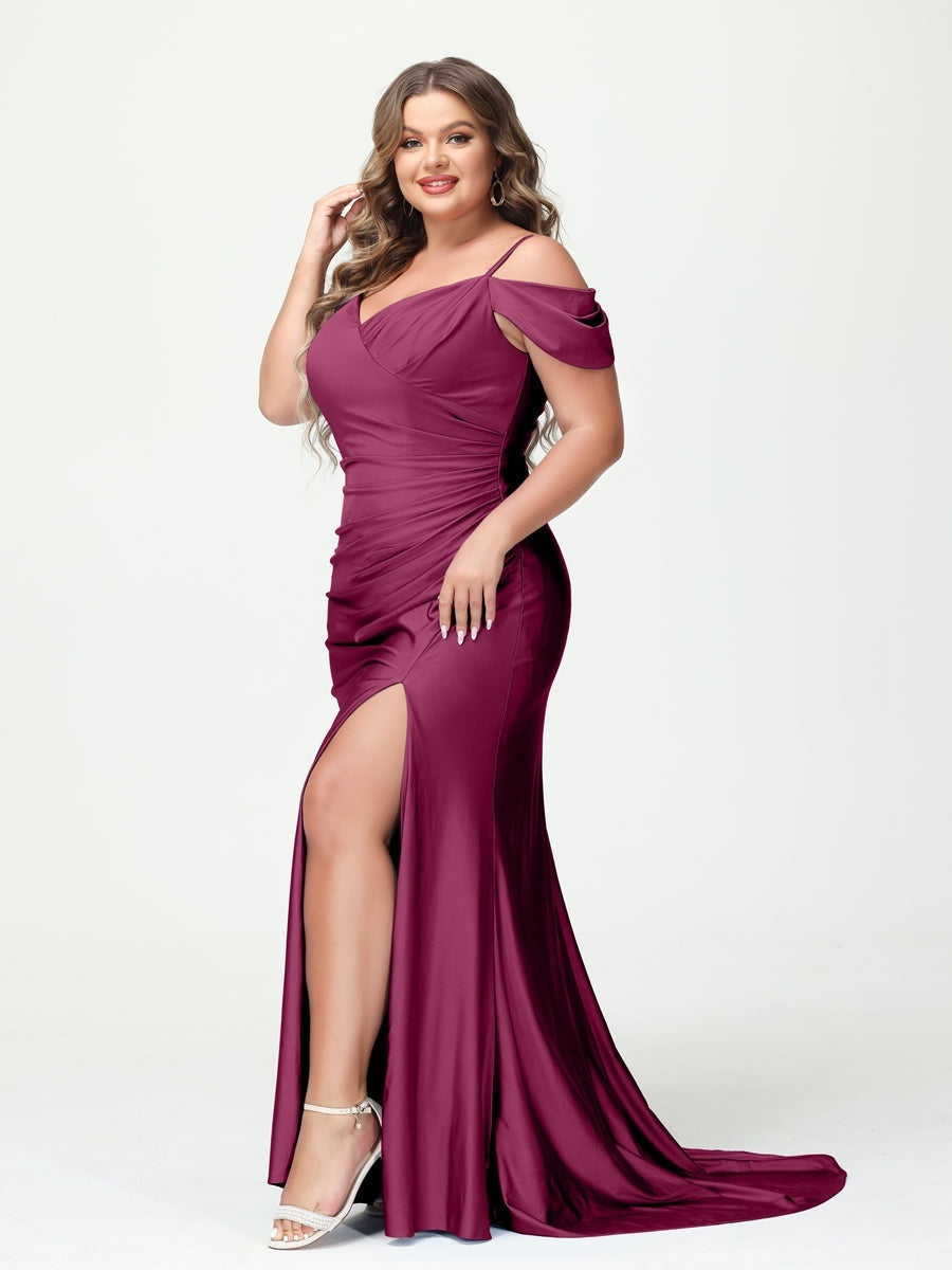 Mermaid Spaghetti Straps V-Neck Short Sleeves Plus Size Maxi Dresses with Split Side