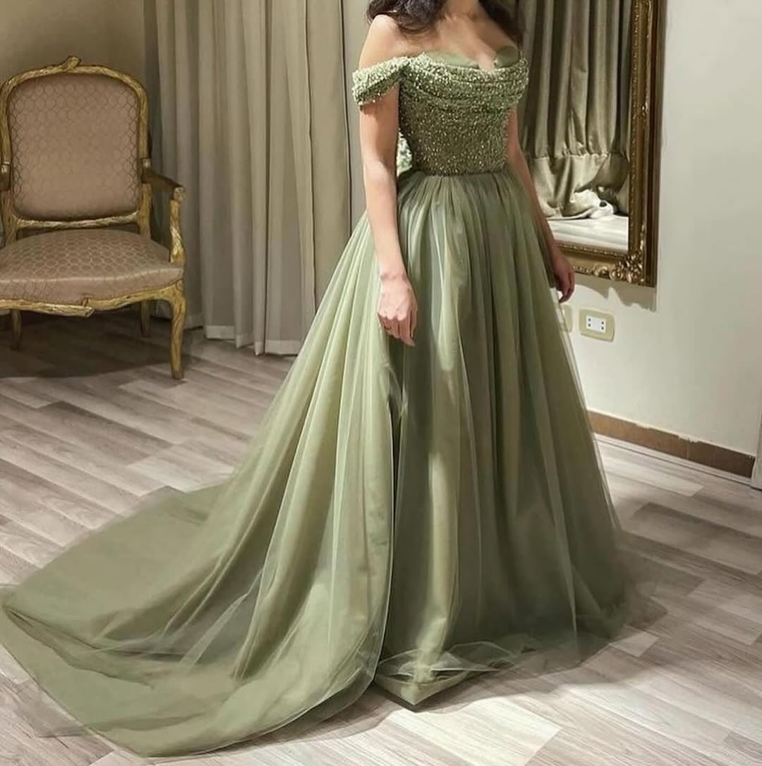 Sequins Green Off-The-Shoulder Tulle Long Prom Dress ZT0497