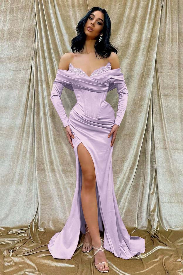 Off-The-Shoulder Long Sleeves Front Split Mermaid Prom Dress With Sequins PD0808