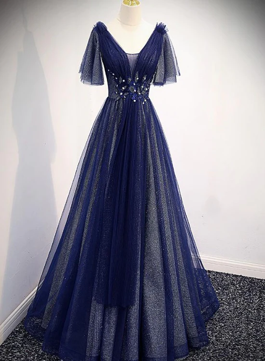 Navy Blue V-Neckline Long Tulle Party Dress With Sleeves, Blue Bridesmaid Dresses Party Dress  gh45