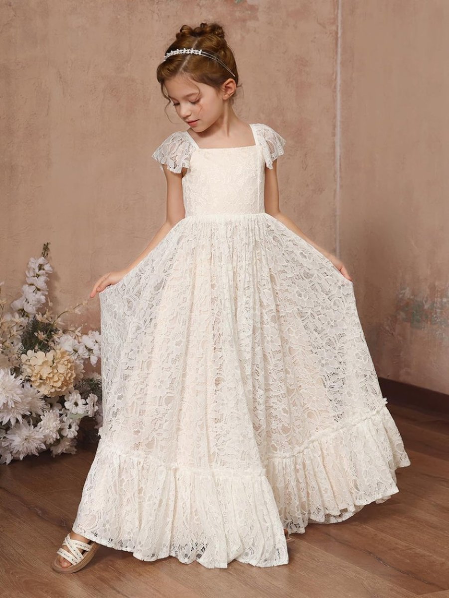 A-Line/Princess Square Neck Floor Length Flower Girl Dresses with Lace Appliques