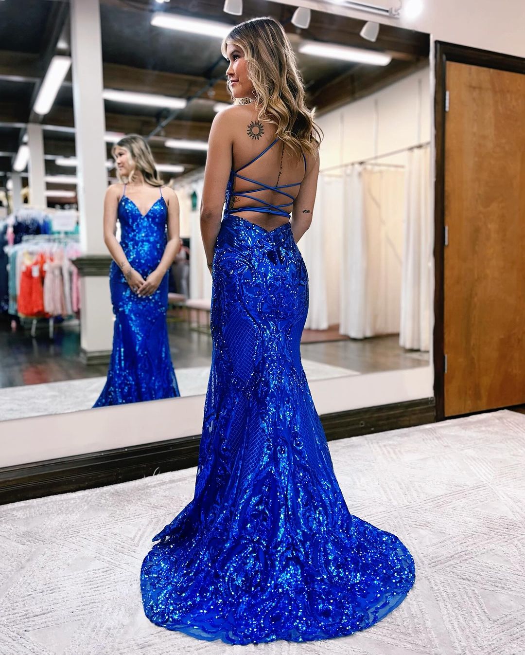 Royal Blue Sequin Prom Dress V Neck Backless YH0017