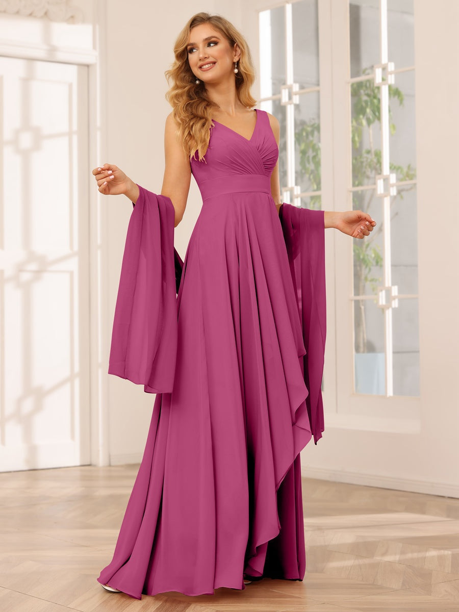 A-Line/Princess V-Neck Sleeveless Floor-Length Asymmetrical Bridesmaid Dresses with Ruffles