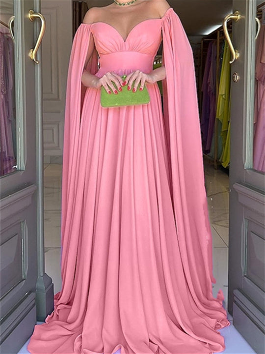 A-Line/Princess Off-the-Shoulder Floor-Length Evening Dress with Watteau Train