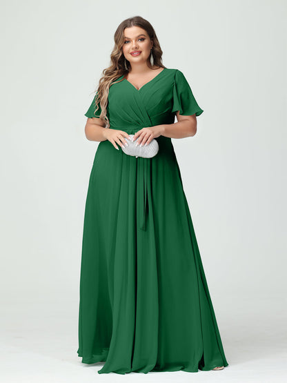 A-Line/Princess V-Neck Short Sleeves Plus Size Bridesmaid Dresses with Pockets Belt & Split Side