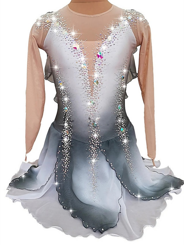 Gray Figure Skating Dress Women's Girls' Long Sleeve Ice Skating Dress