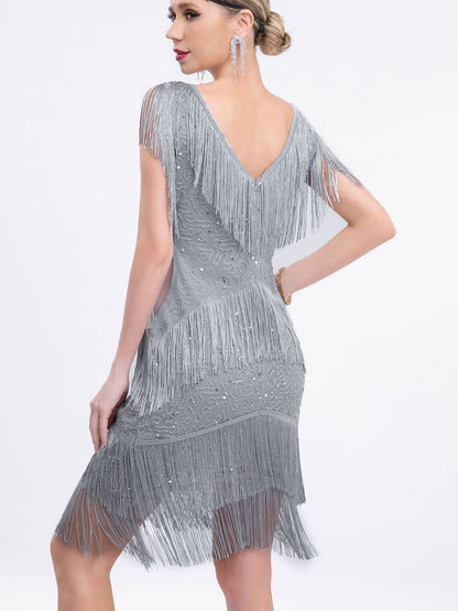 Sheath/Column V-Neck Sleeveless Knee-Length Vintage Dress with Sequins &Tassel Fringe