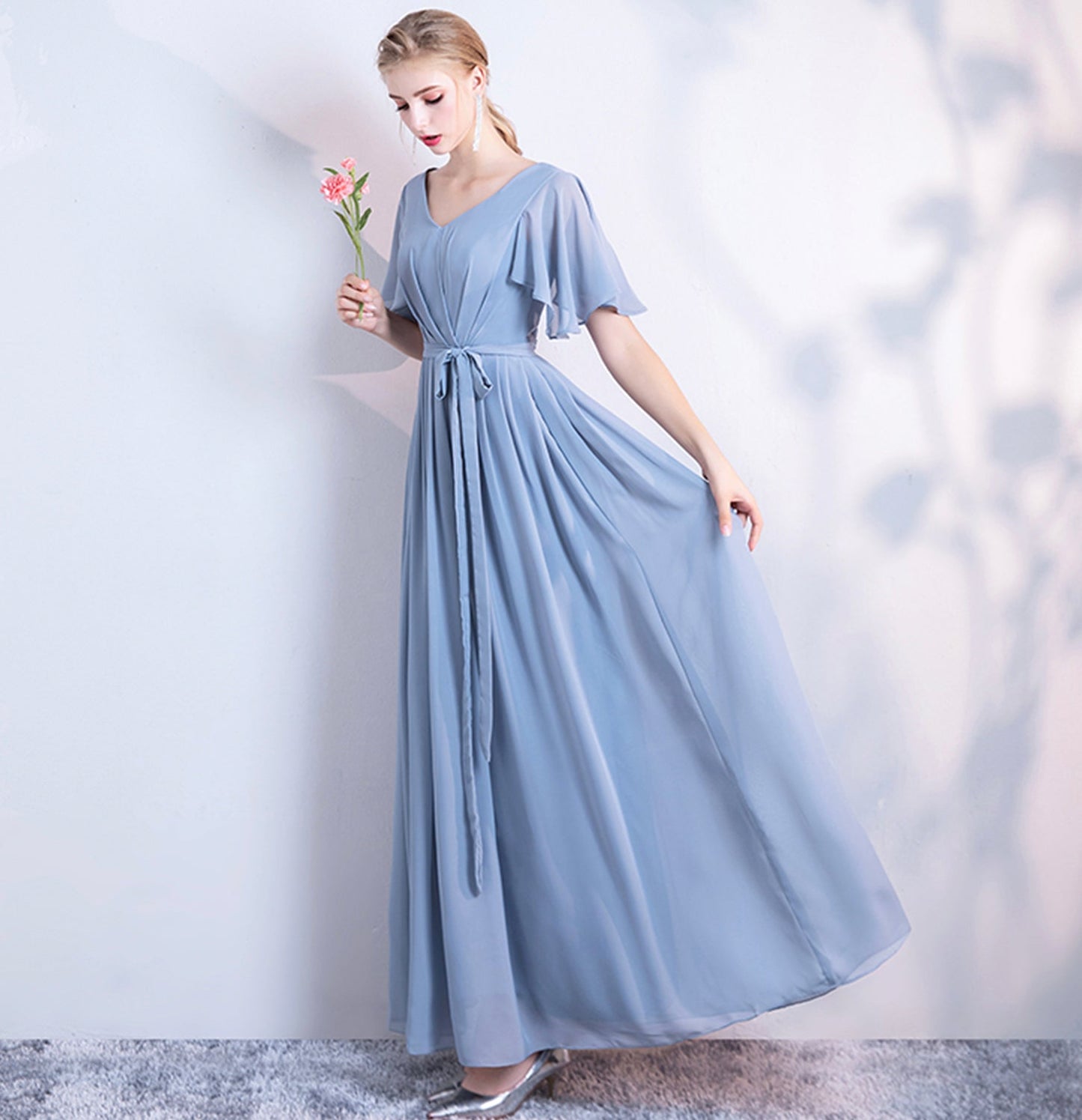 Blue chiffon long A line prom dress bridesmaid dress  10043