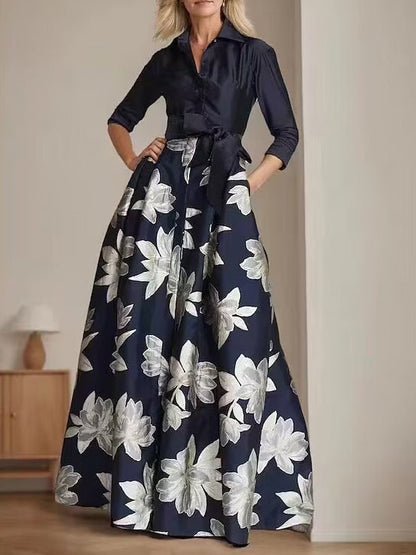 A-Line/Princess Shirt Collar 3/4 Sleeves Floor Length Printed Flower Mother of the Bride Dresses