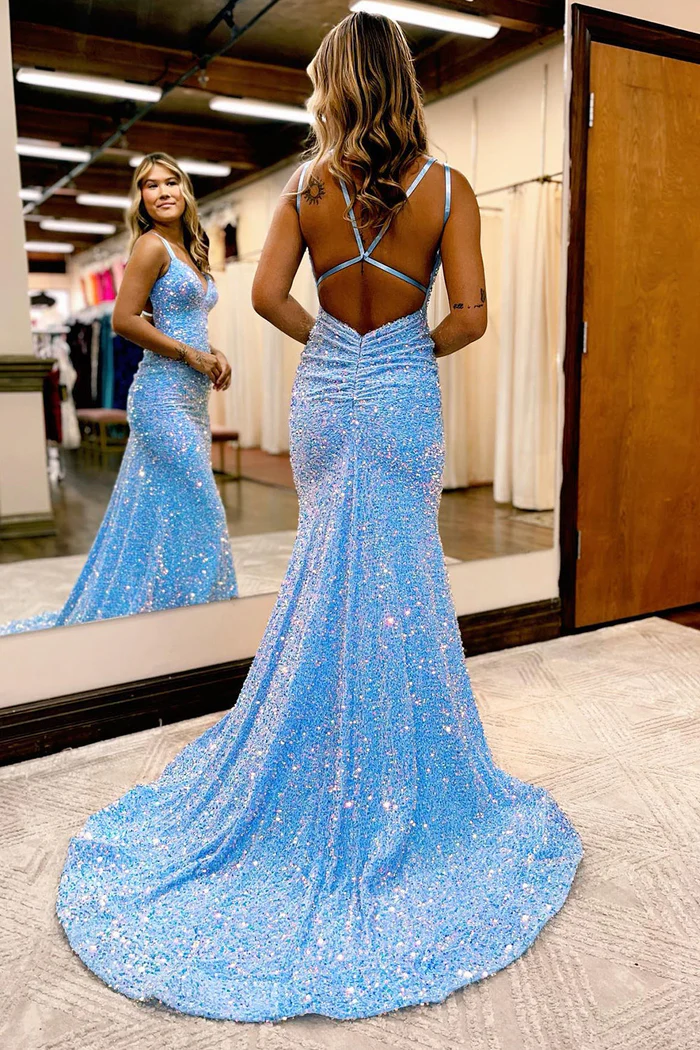 Sparkly Baby Blue Mermaid Sequins Prom Dress Long Backless Sleeveless V Neck YH0092