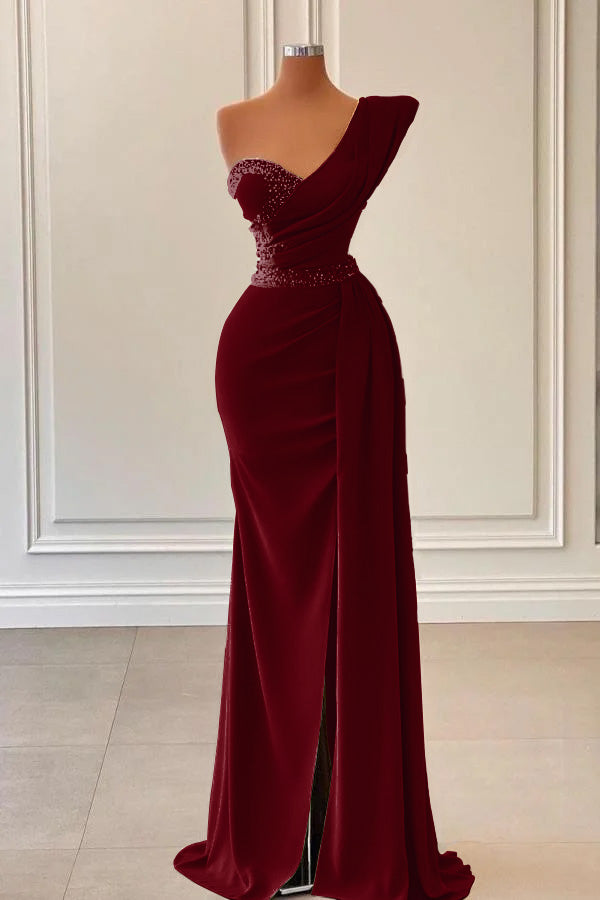 Sage One-Shoulder Split Mermaid Prom Dress With Beadings PD0781