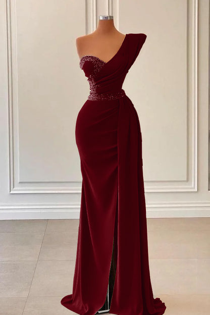 Sage One-Shoulder Split Mermaid Prom Dress With Beadings PD0781