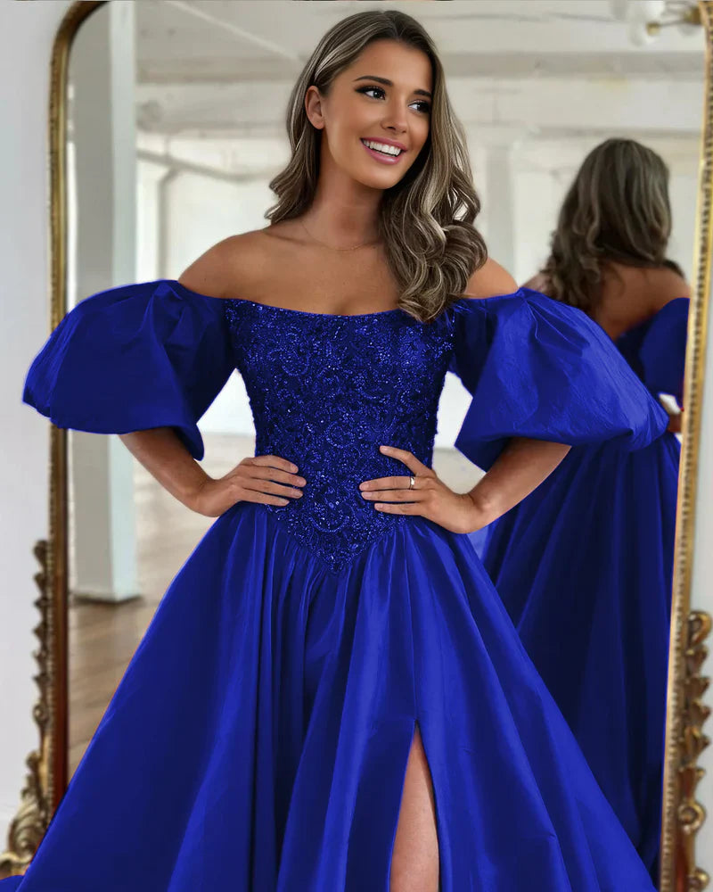 Liana |A-Line Off The Shoulder Taffeta Prom Dress With Short Puffy Sleeves