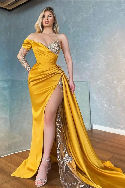 Yellow Long Sleeve Split Mermaid Appliques Prom Dress Long With Ruffles Sweetheart ED0315