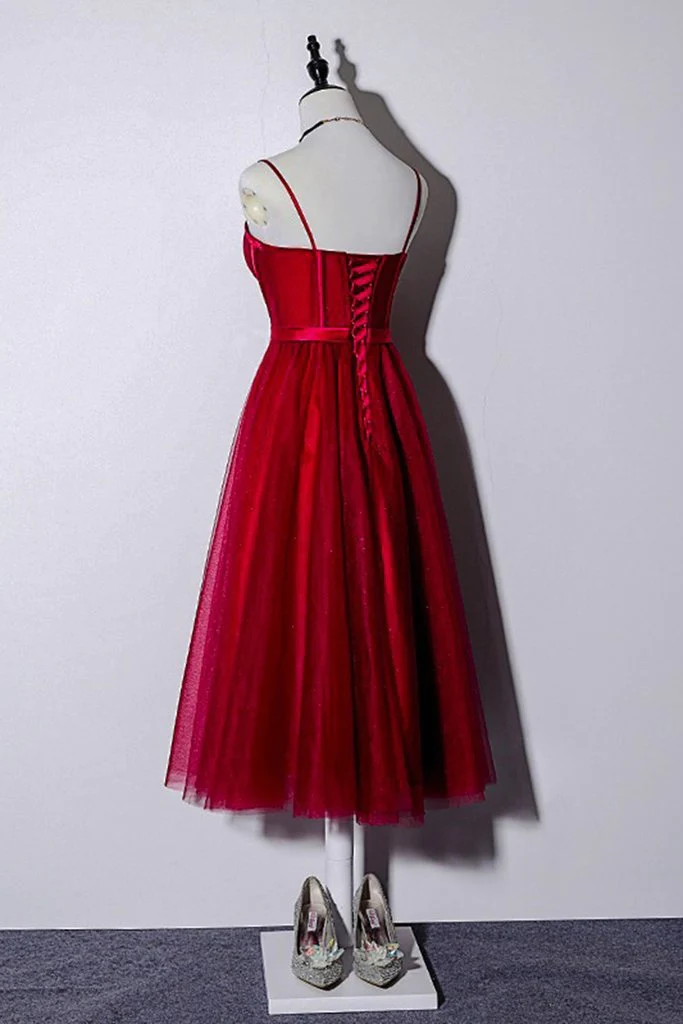 Beautiful Dark Red Tea Length Straps Wedding Party Dress, Homecoming Dress gh296