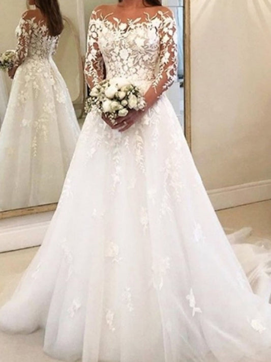 Ball Gown Off-the-Shoulder Wedding Dress Long Sleeves with Appliques