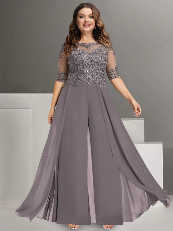 Chiffon Jewel Neck Half Sleeves Ankle-Length Mother of the Bride Pantsuits with Lace