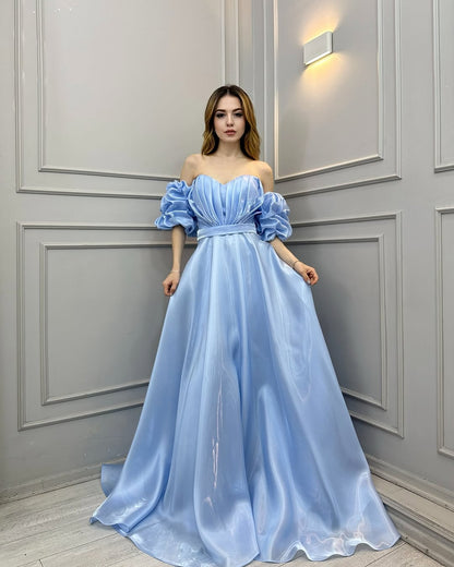 Blue Off-The-Shoulder Bright Tulle Long Prom Dress ZT0498