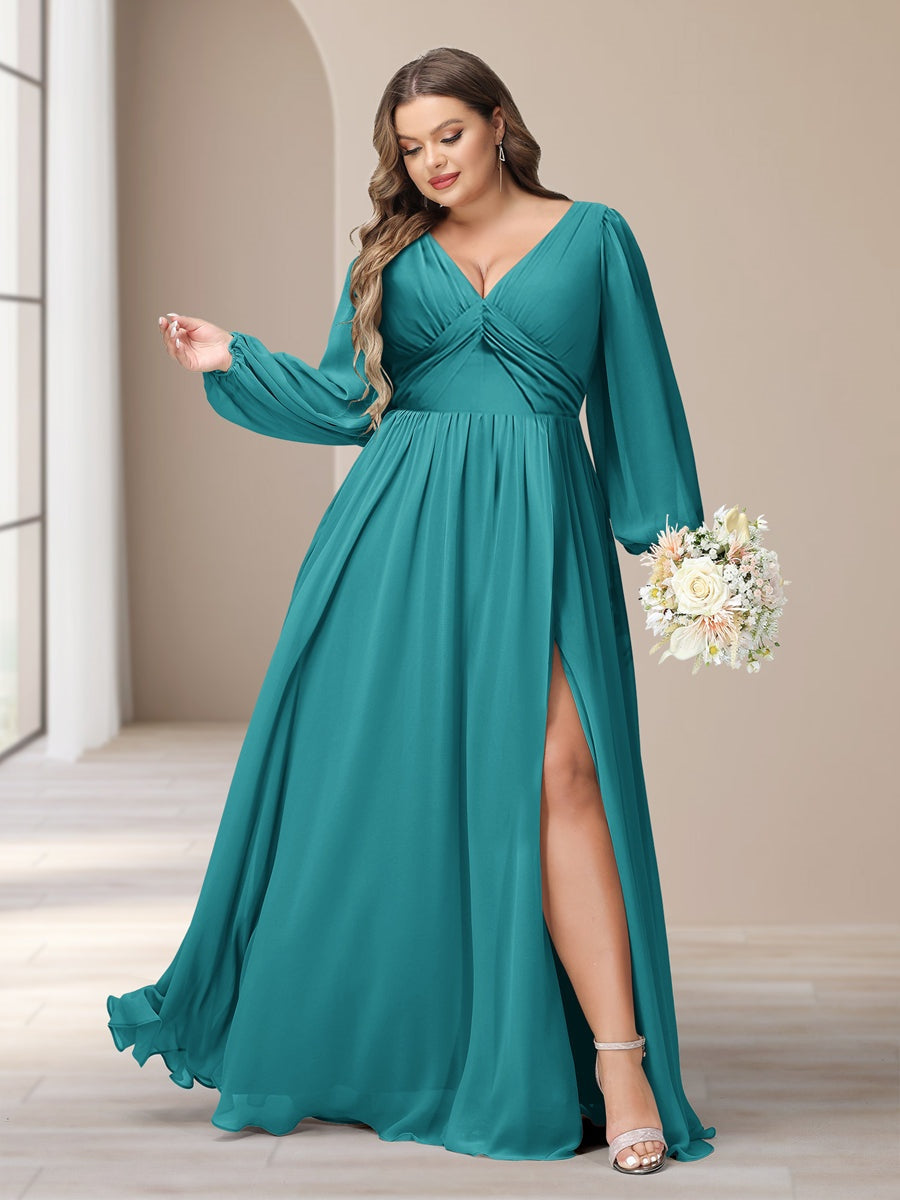 A-Line/Princess V-Neck Long Sleeves Chiffon Long Plus Size Bridesmaid Dresses With Split Side