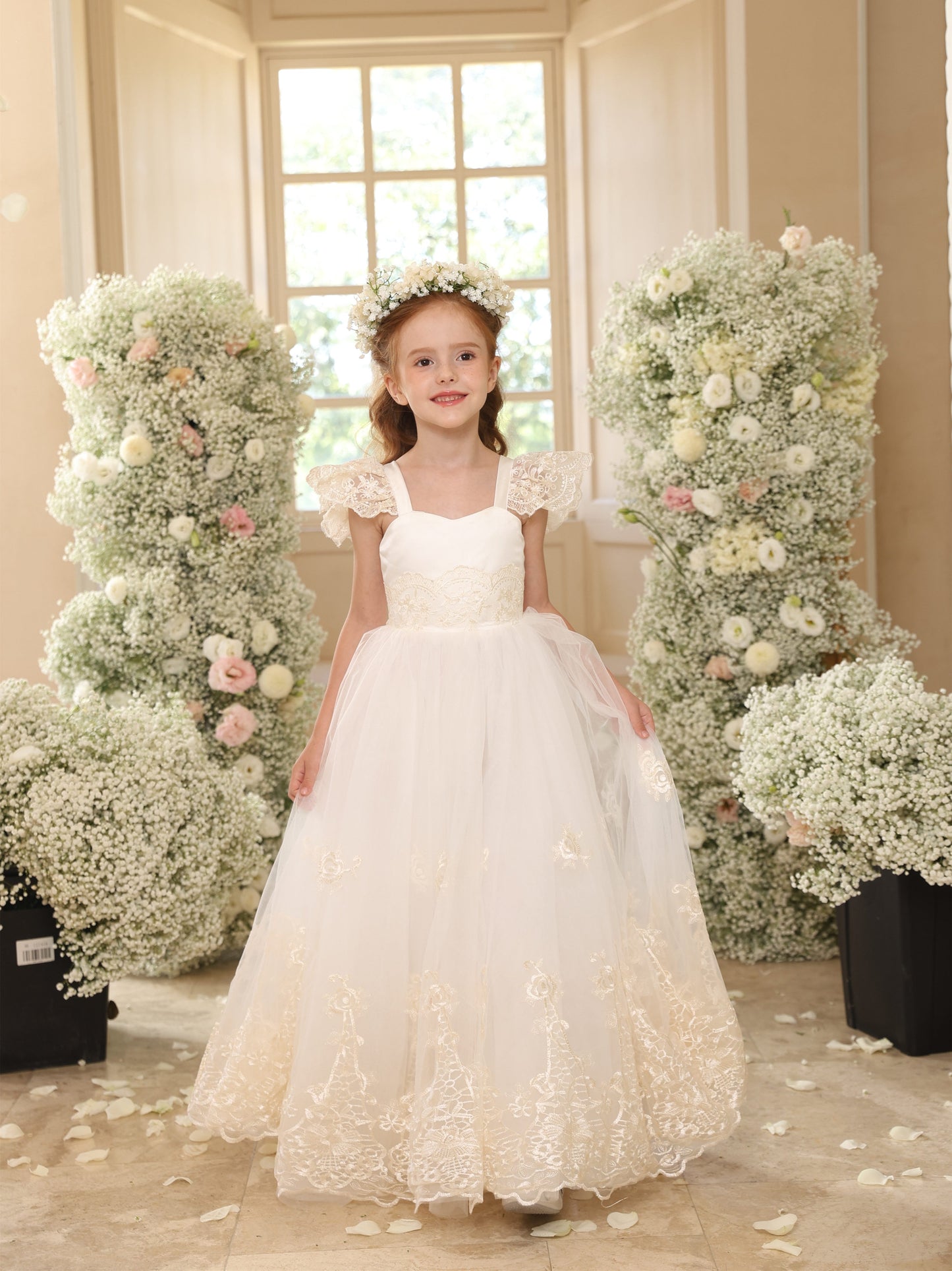 Ball-Gown Tulle Square Neckline Sleeveless Floor-Length Lace Flower Girl Dresses