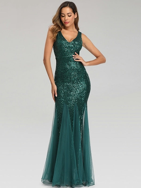 Mermaid/Trumpet V-Neck Sleeveless Floor-Length Party Cocktail Dress with Sequins