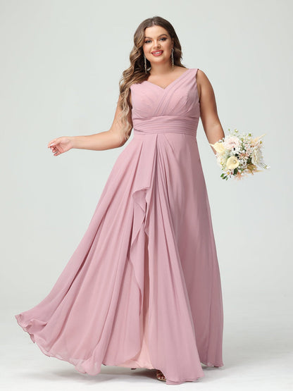 A-Line/Princess V-Neck Sleeveless Chiffon Ruffles Plus Size Bridesmaid Dresses with Pockets & Ruffles